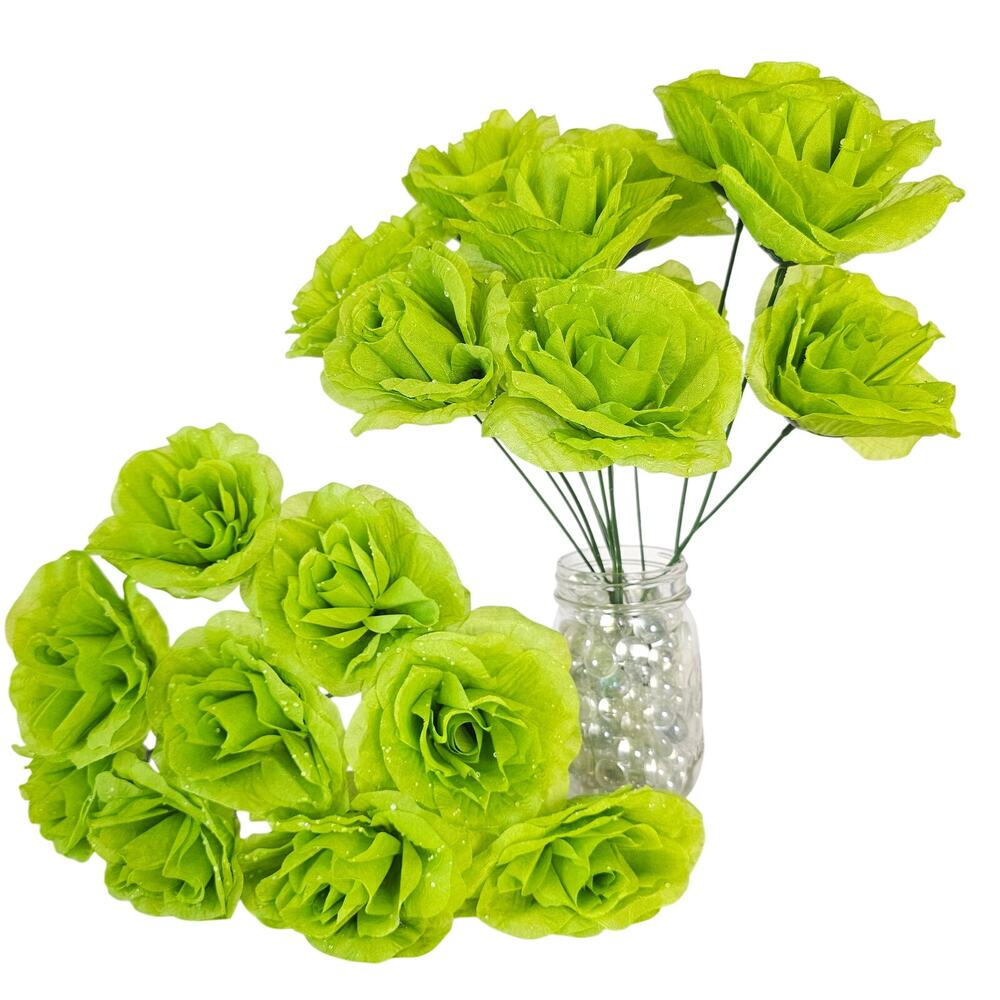 Lime Green Artificial Roses 3in Fluffy Silk Flower Stems Wedding Craft Lot of 21